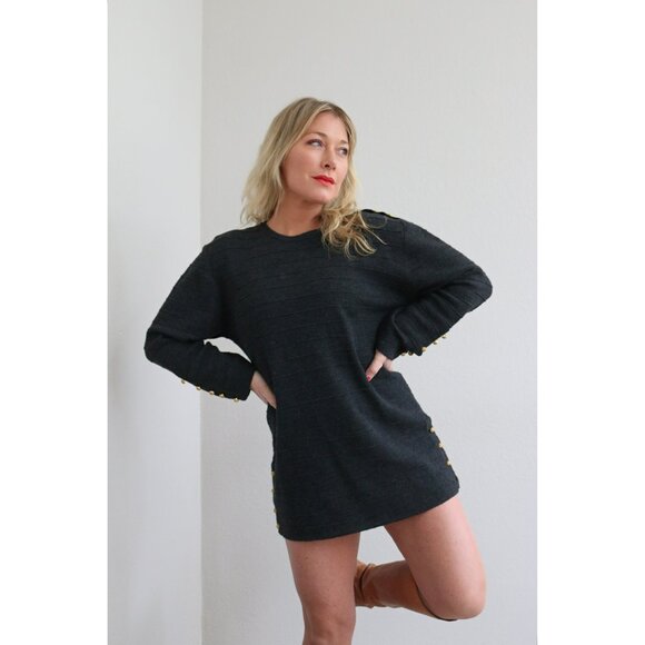 1990's Vintage Charcoal & Wool Sweater Dress Women's Extra Small Medium XS SM MD - Picture 5 of 10